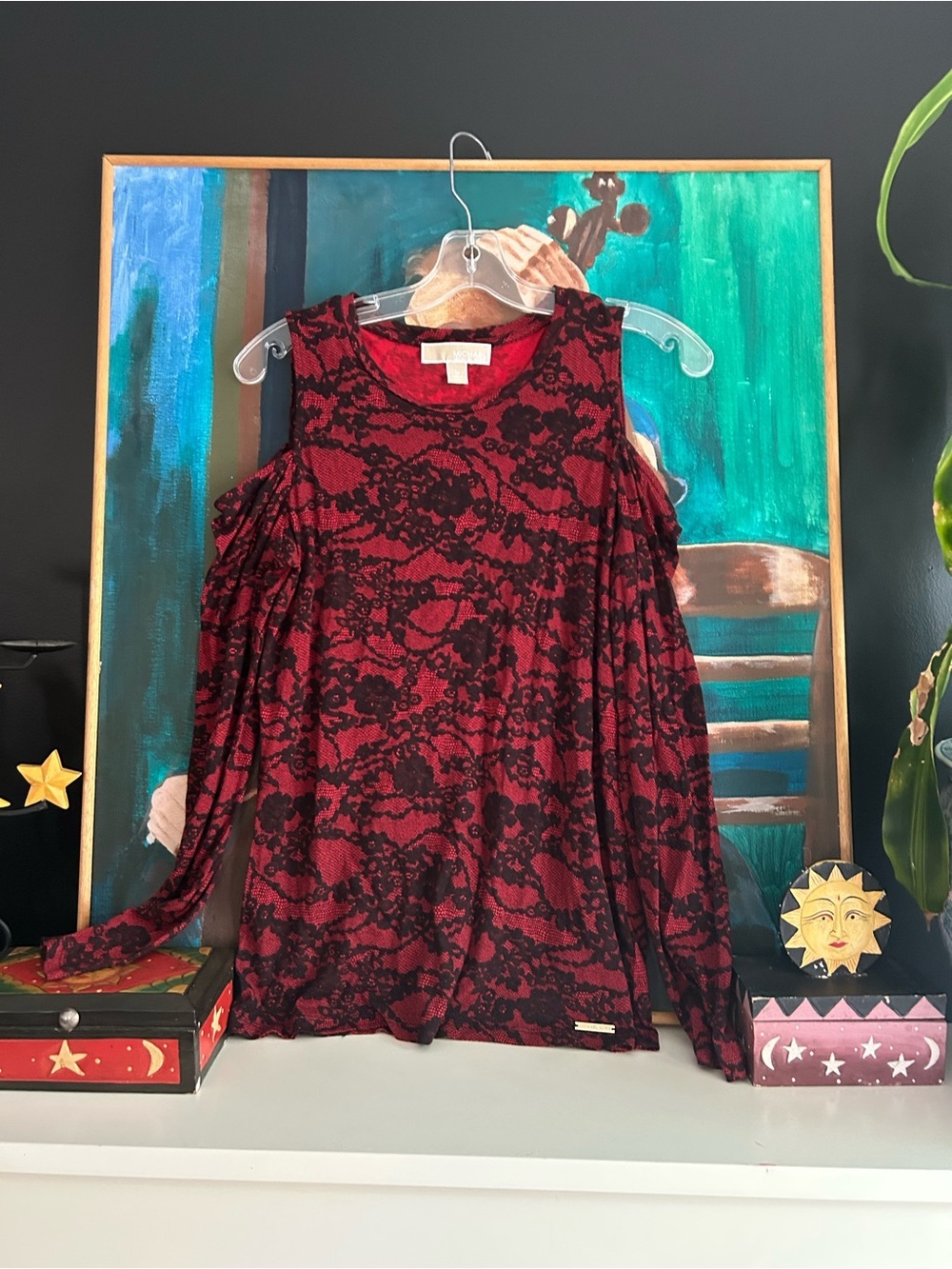 Michael Kors Red and Black Lace-Print Cold-Shoulder Long Sleeve Top - Picture 12 of 12